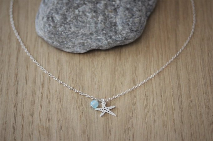 Collier argent massif pendentif étoile de mer et perle bleu aqua