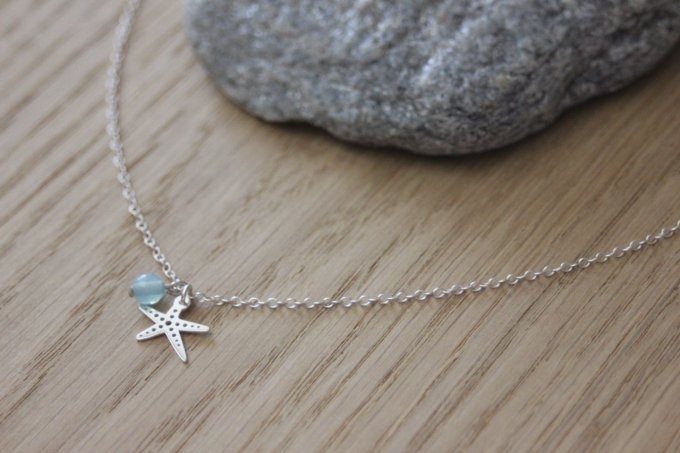 Collier argent massif pendentif étoile de mer et perle bleu aqua