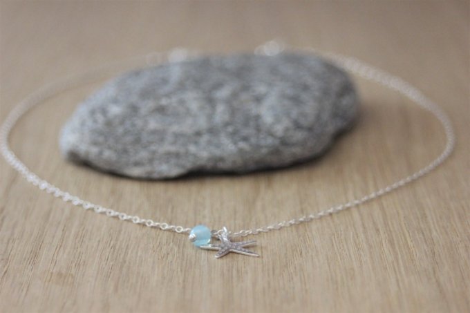 Collier argent massif pendentif étoile de mer et perle bleu aqua