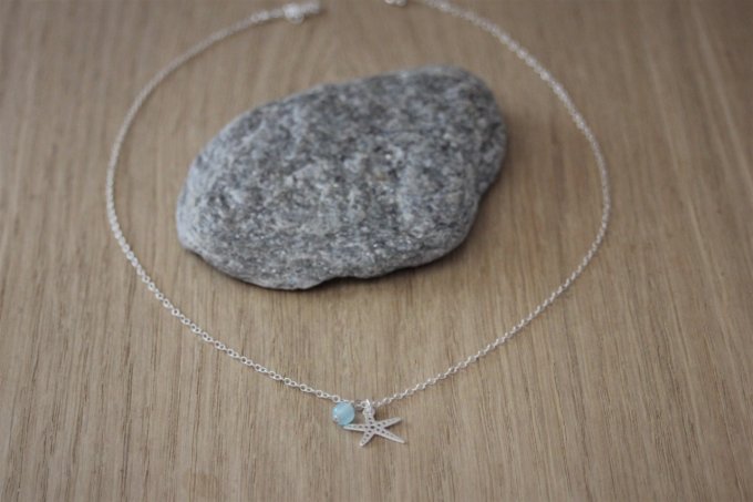 Collier argent massif pendentif étoile de mer et perle bleu aqua