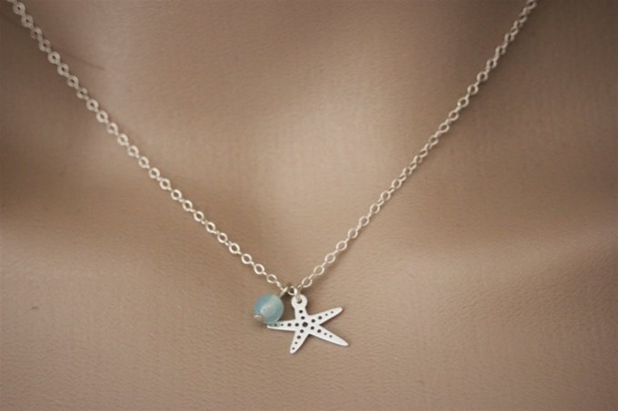Collier argent massif pendentif étoile de mer et perle bleu aqua
