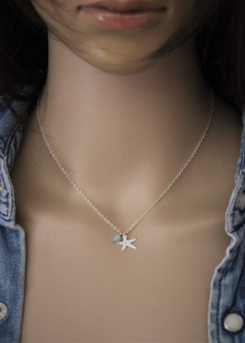 Collier argent massif pendentif étoile de mer et perle bleu aqua