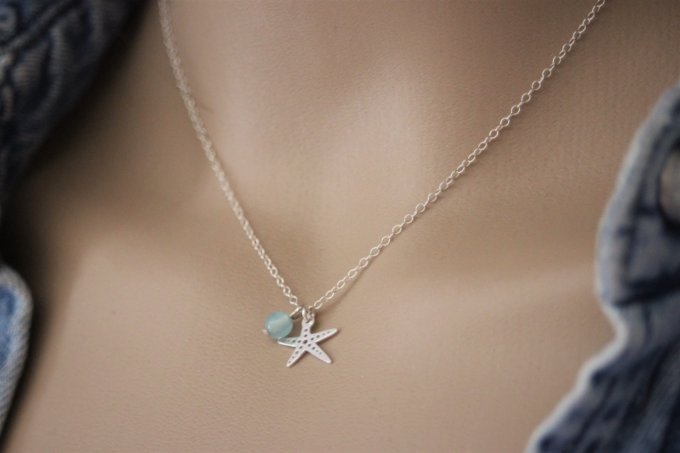 Collier argent massif pendentif étoile de mer et perle bleu aqua