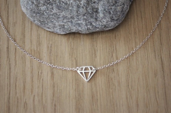 Collier argent massif pendentif diamant origami