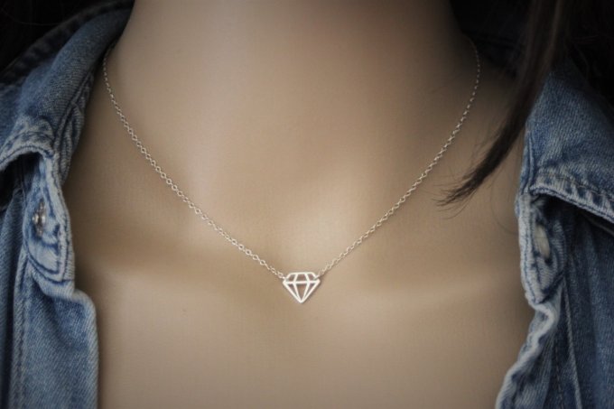 Collier argent massif pendentif diamant origami