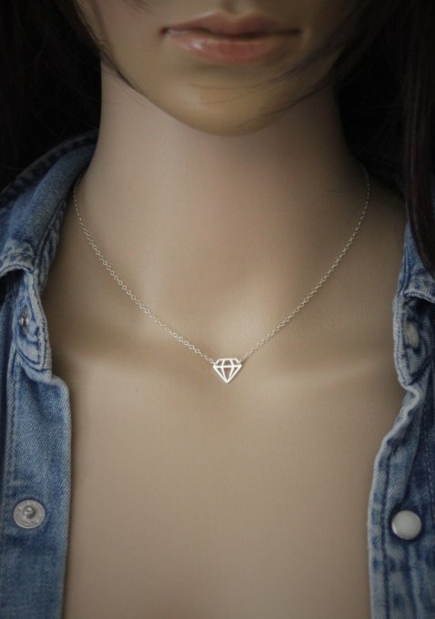 Collier argent massif pendentif diamant origami