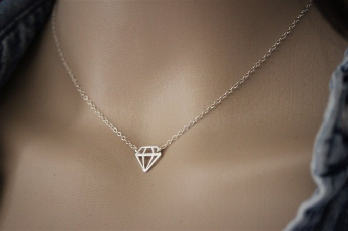 Collier argent massif pendentif diamant origami