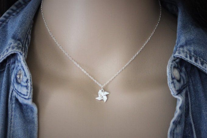 Collier argent massif pendentif hélice origami