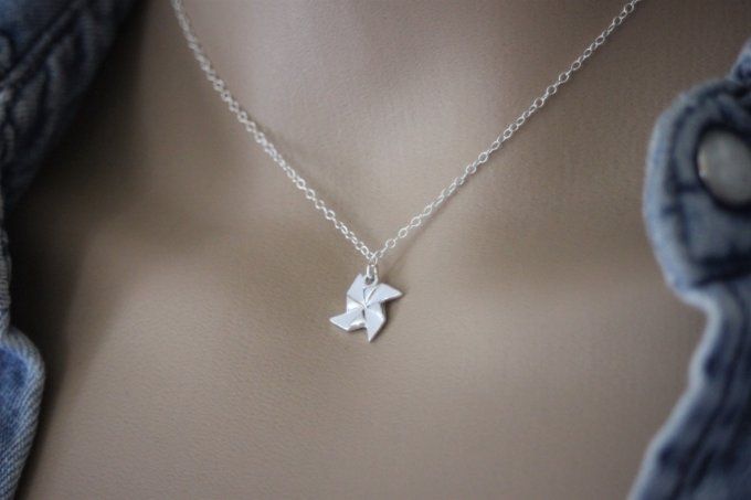 Collier argent massif pendentif hélice origami