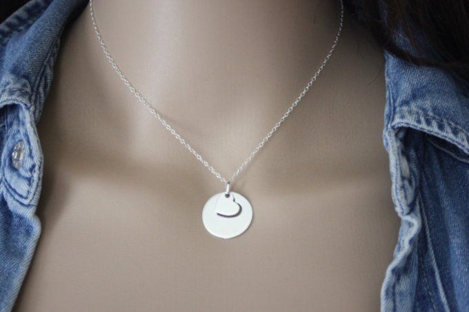 Collier pendentif médaille coeur en argent massif