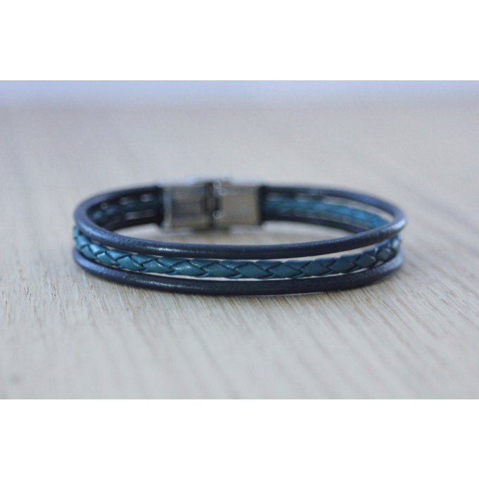 Bracelet cuir  tressé bleu pétrole fermoir acier