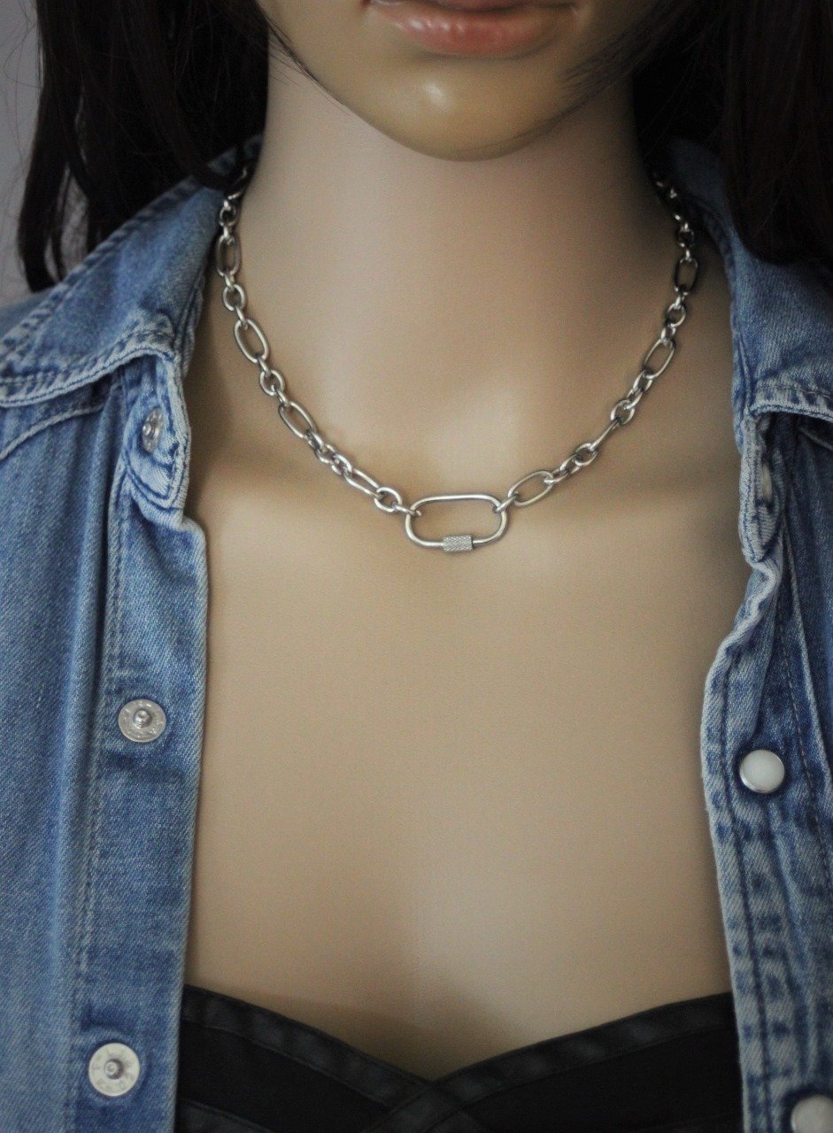 CC3292F - Collier Chaîne Gros Maillons avec Fermoir Mousqueton XXL Acier  Argenté