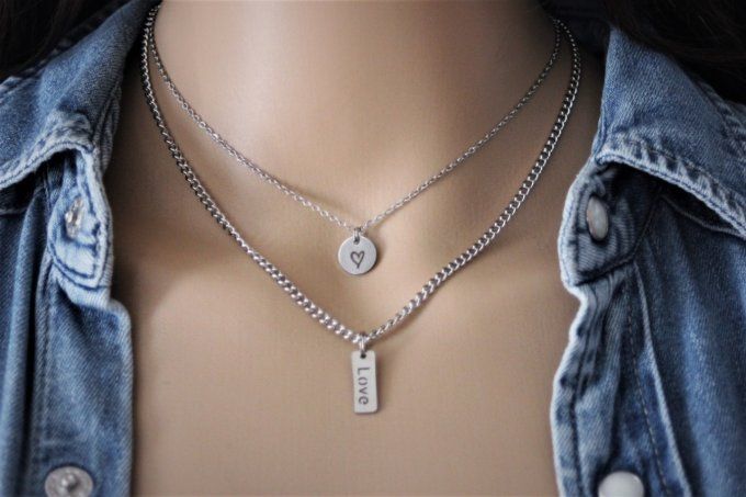 Collier acier inoxydable multi-rangs avec médaille coeur et plaque love