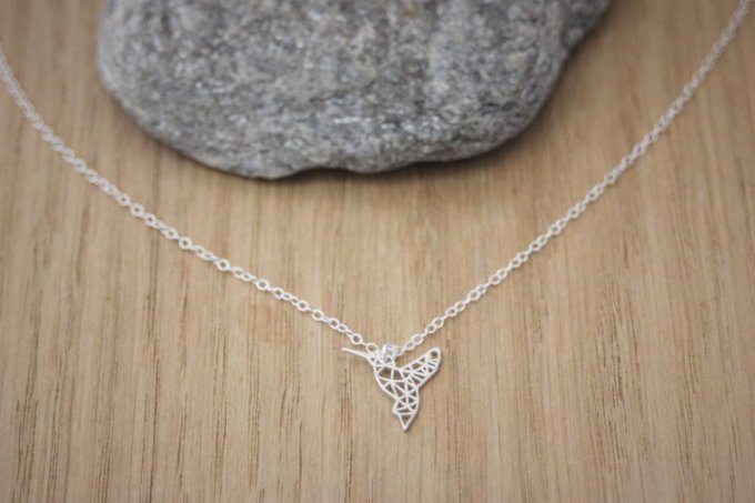 Collier argent massif pendentif colibri origami