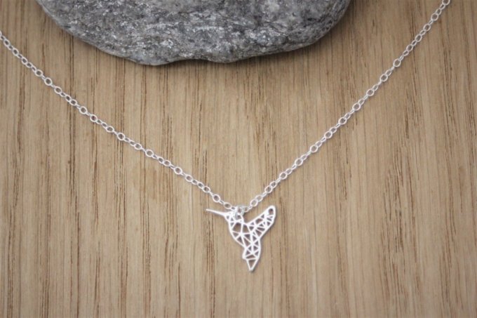 Collier argent massif pendentif colibri origami