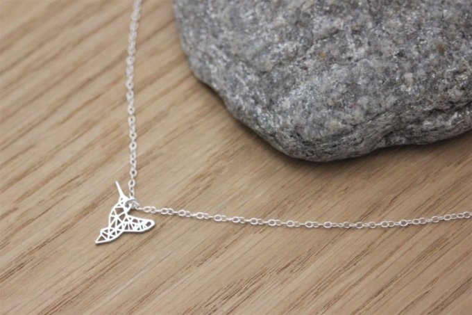 Collier argent massif pendentif colibri origami