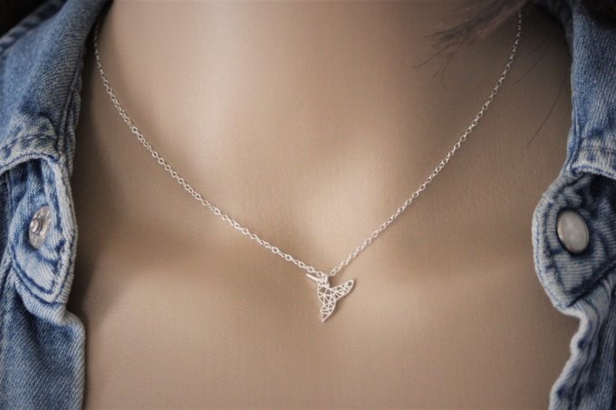 Collier argent massif pendentif colibri origami