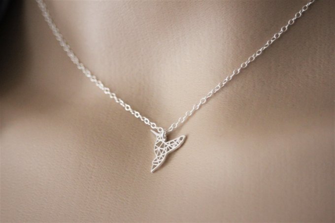 Collier argent massif pendentif colibri origami