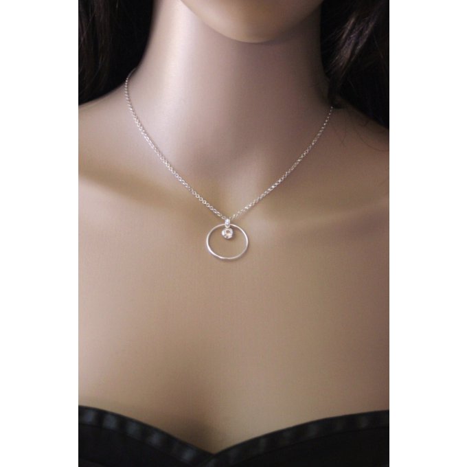 Collier argent massif pendentif anneau et cristal