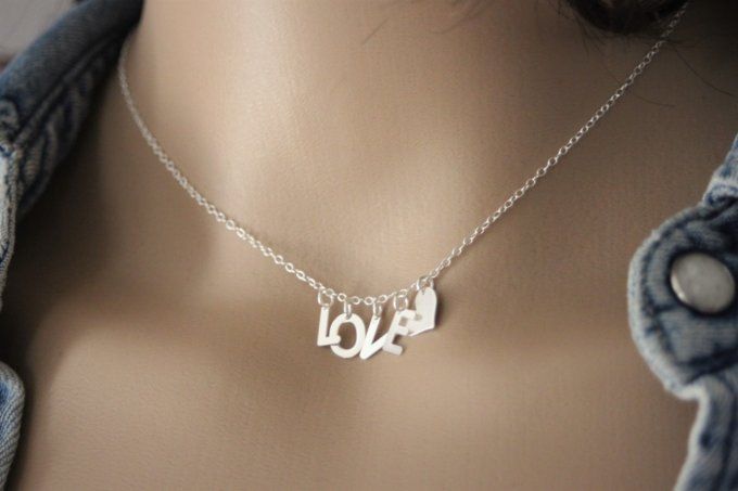 Collier LOVE + coeur en argent massif 