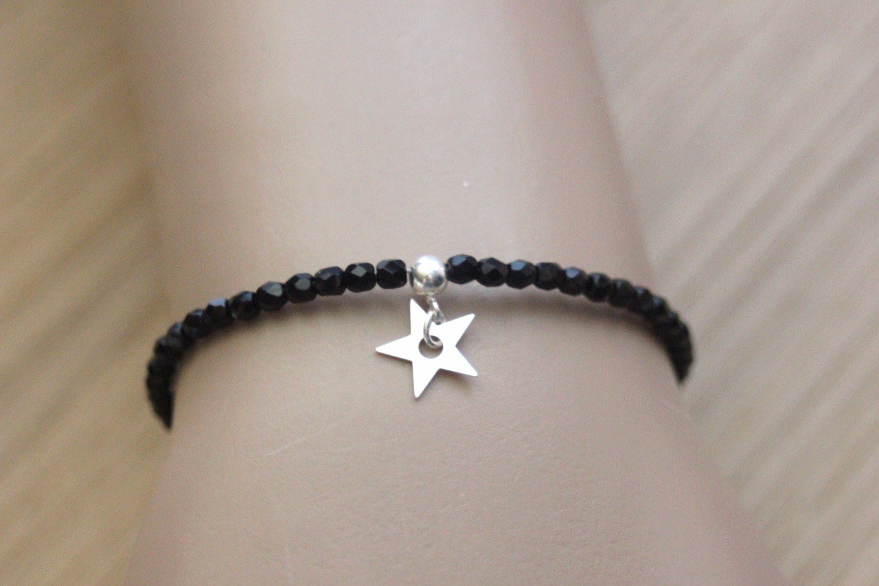 Bracelet cristal de bohème noir et étoile argent