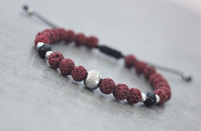 Bracelet perles pierre de lave rouge, onyx et perle acier inoxydable