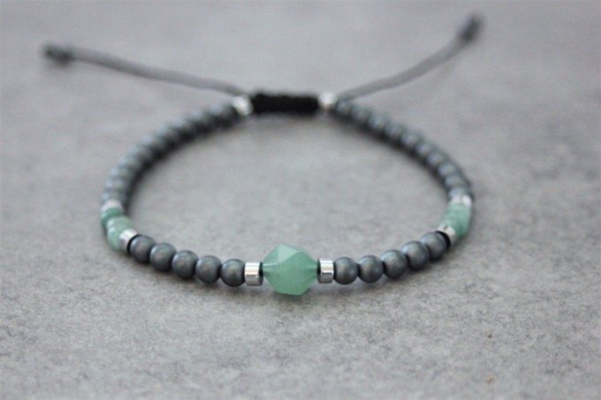 Bracelet perles hématite mat, hématite argenté et aventurine émeraude