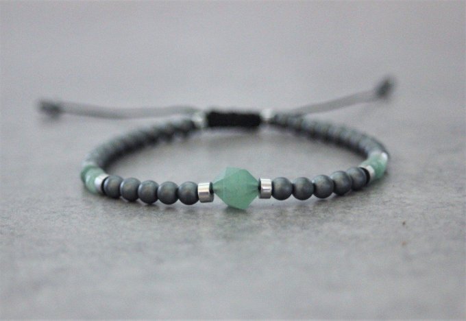 Bracelet perles hématite mat, hématite argenté et aventurine émeraude