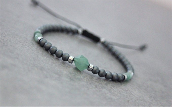 Bracelet perles hématite mat, hématite argenté et aventurine émeraude