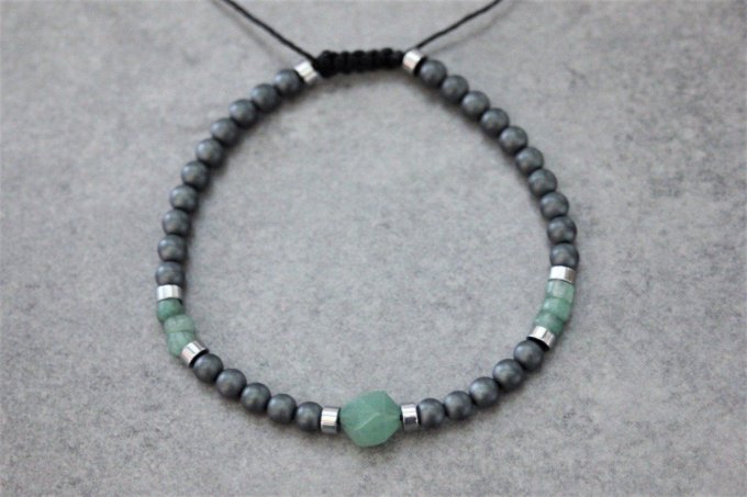 Bracelet perles hématite mat, hématite argenté et aventurine émeraude