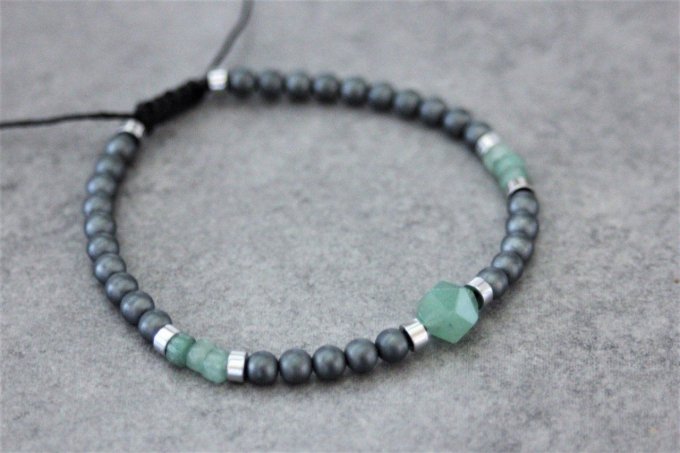 Bracelet perles hématite mat, hématite argenté et aventurine émeraude