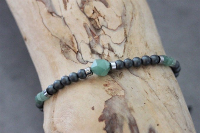 Bracelet perles hématite mat, hématite argenté et aventurine émeraude