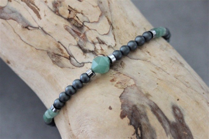Bracelet perles hématite mat, hématite argenté et aventurine émeraude