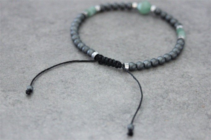 Bracelet perles hématite mat, hématite argenté et aventurine émeraude