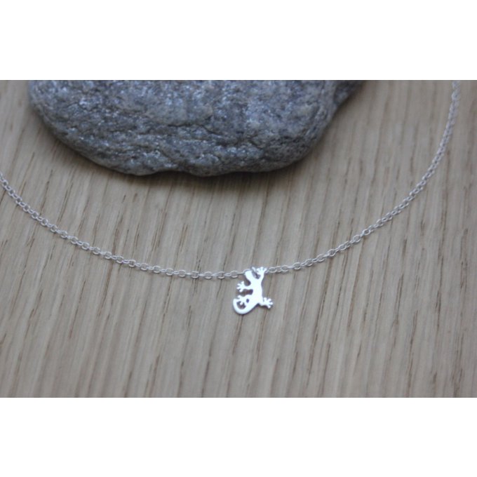 Collier argent massif breloque lézard - gecko