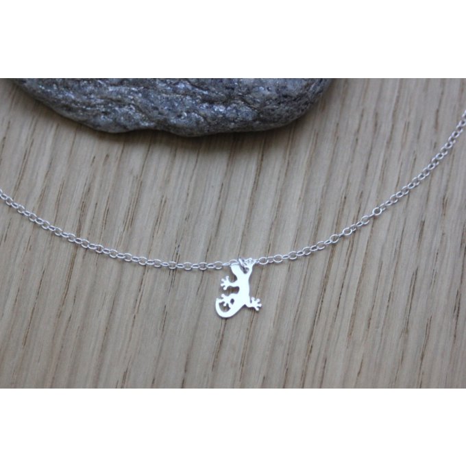 Collier argent massif breloque lézard - gecko