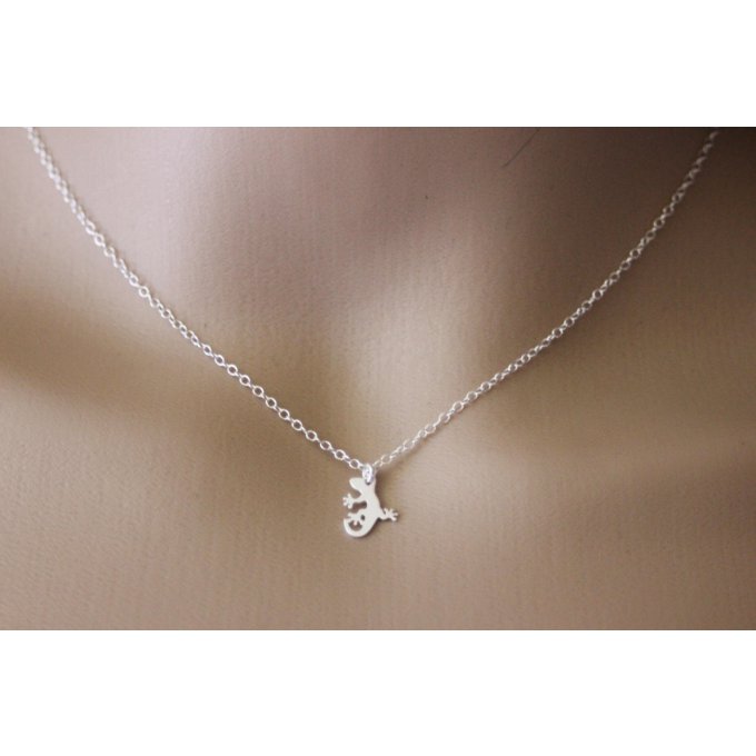 Collier argent massif breloque lézard - gecko