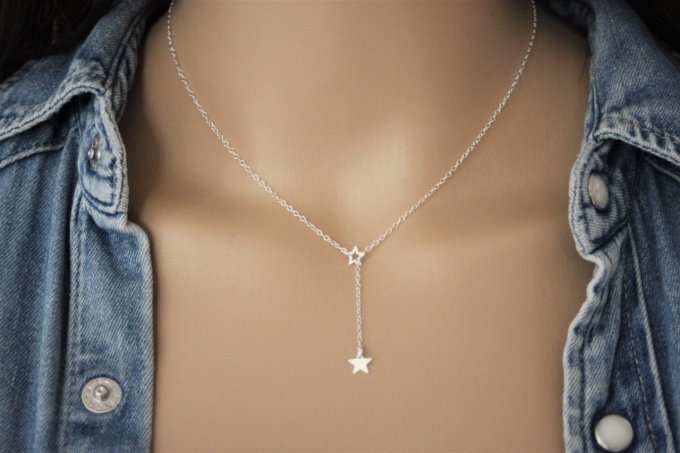 Collier cravate en Y argent massif pendentif étoile