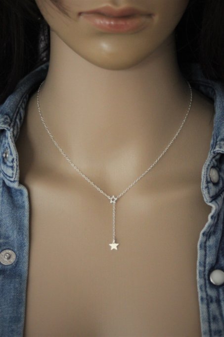 Collier cravate en Y argent massif pendentif étoile