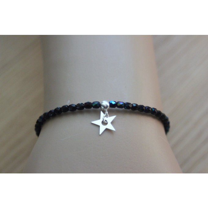Bracelet cristal de bohème noir irisé et étoile argent