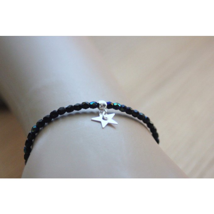 Bracelet cristal de bohème noir irisé et étoile argent