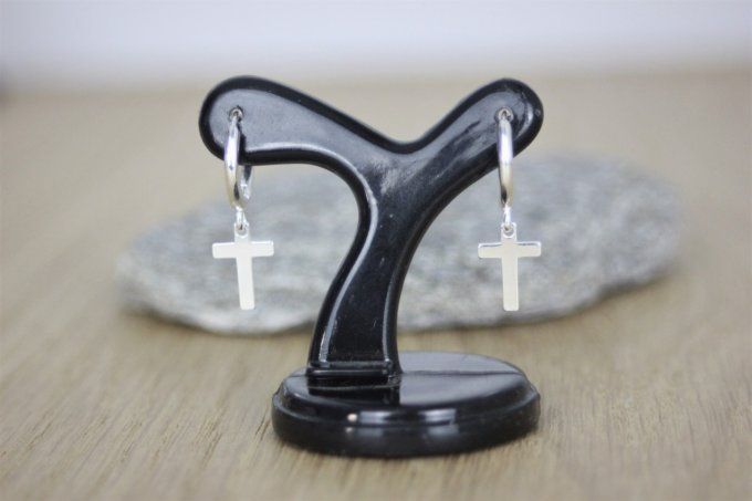 Boucles d'oreilles mini créoles argent massif pendentif croix