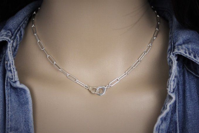 Collier en argent massif chaine rectangle pendentif menottes