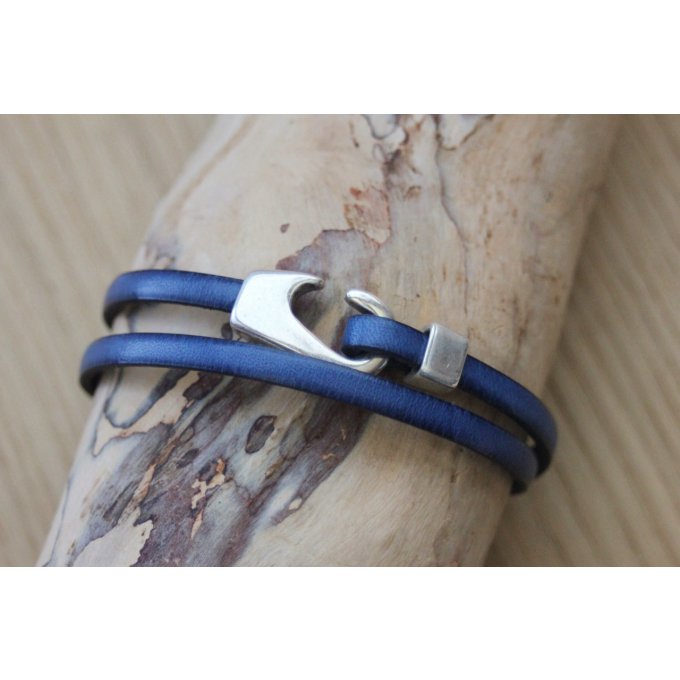 Bracelet homme cuir bleu fermoir crochet