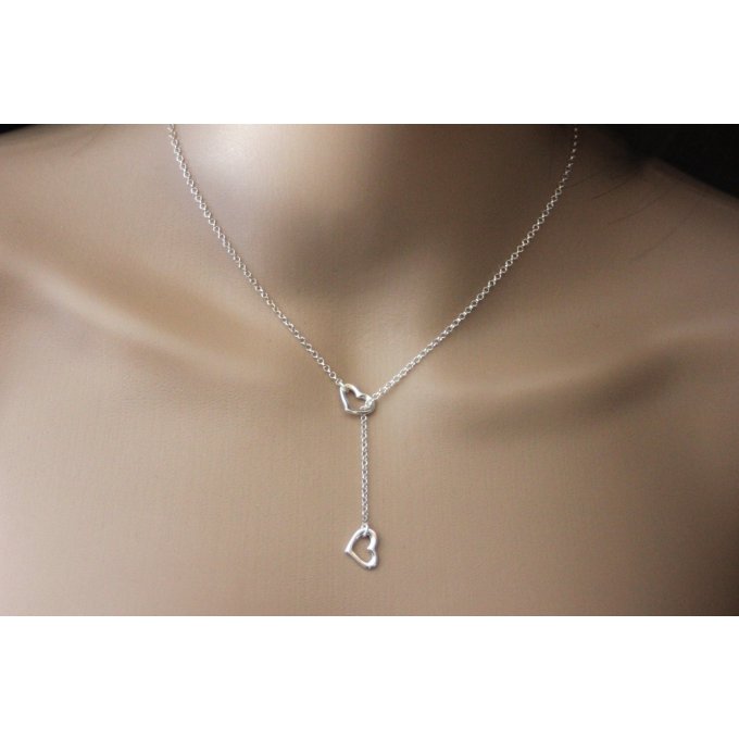 Collier cravate double coeurs en argent massif