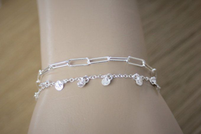 Ensemble de 2 bracelets en argent chaine rectangle et médailles