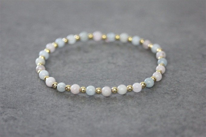 Bracelet perles en aigue marine, morganite et perles plaqué or