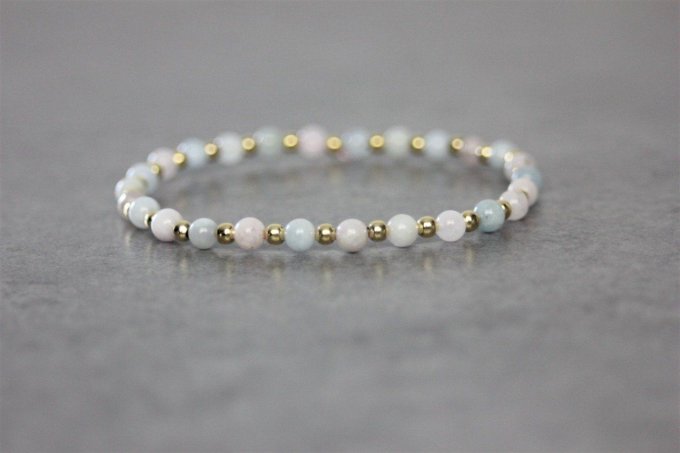 Bracelet perles en aigue marine, morganite et perles plaqué or