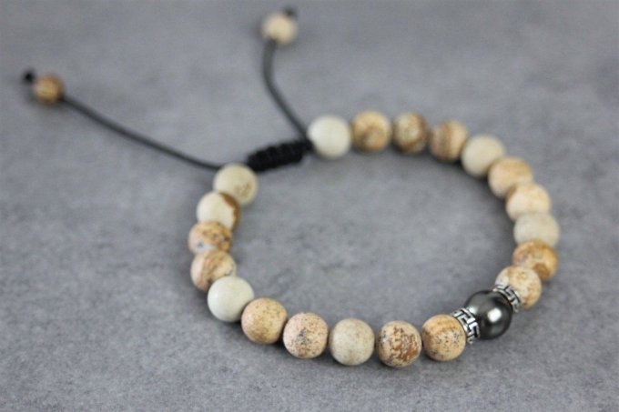 Bracelet perles jaspe paysage mat, perle de tahiti et argent massif