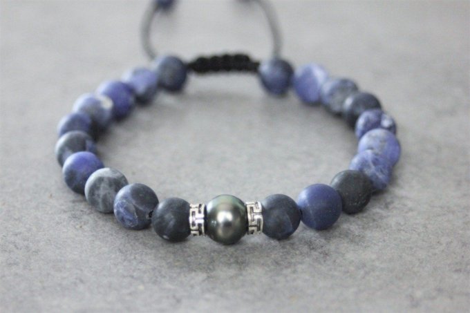Bracelet perles sodalite, perle de tahiti et argent massif
